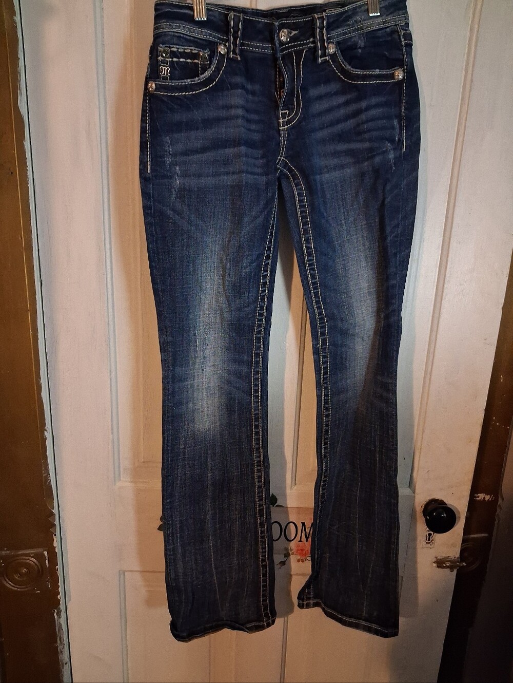 Miss Me Dark Blue Women's Bootcut Jeans - Branded Stitch Detail Size 27" ร 34"